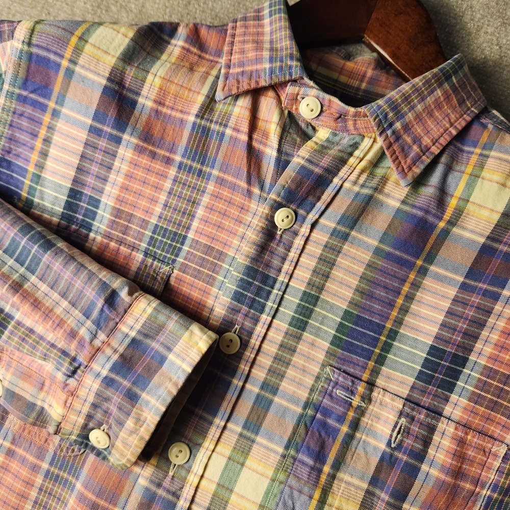 Unbranded Plaid Button Down Shirt Mens Large Multicolor Orange Blue Long Sleeve